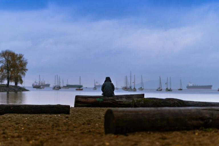 Persona sola sentada en la playa frente al mar con barcos en el horizonte, evocando sentimientos de soledad o introspección.